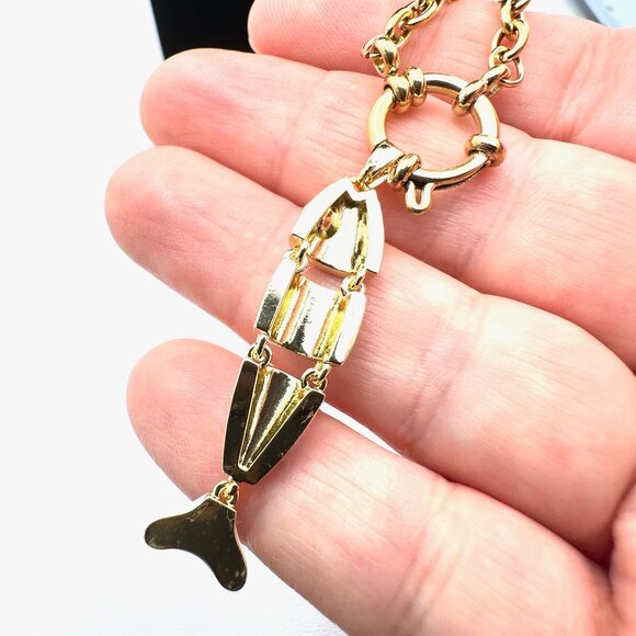 Multi-Gemstone White Enamel Fish Pendant Necklace 18K Gold Plated Chain 17 Inch - Picture 3 of 9